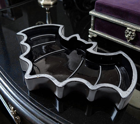 Hand Cast Black + Silver Bat Jewellery Trinket Dish Home Decor Gift - Oh My Gothness