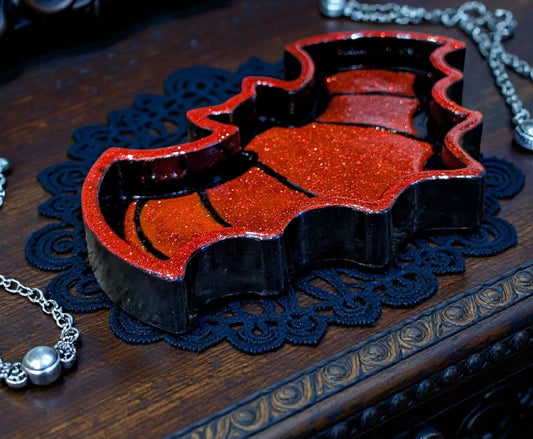 Hand-cast black with red glitter bat shaped jewellery trinket dish tray. Gothic home decor gift - Oh My Gothness