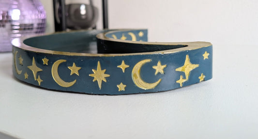 Hand Cast Crescent Moon in Green Teal with Gold detailing Ring Dish Trinket Jewellery Holder - Oh My Gothness