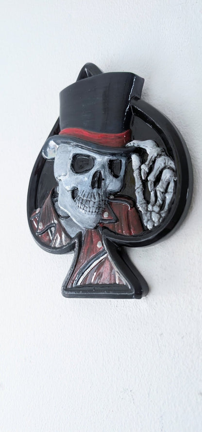Hand Cast Dapper Deep Blue Top Hat Wearing Skeleton Skull Ace Of Spades Wall Hanging Plaque - Oh My Gothness