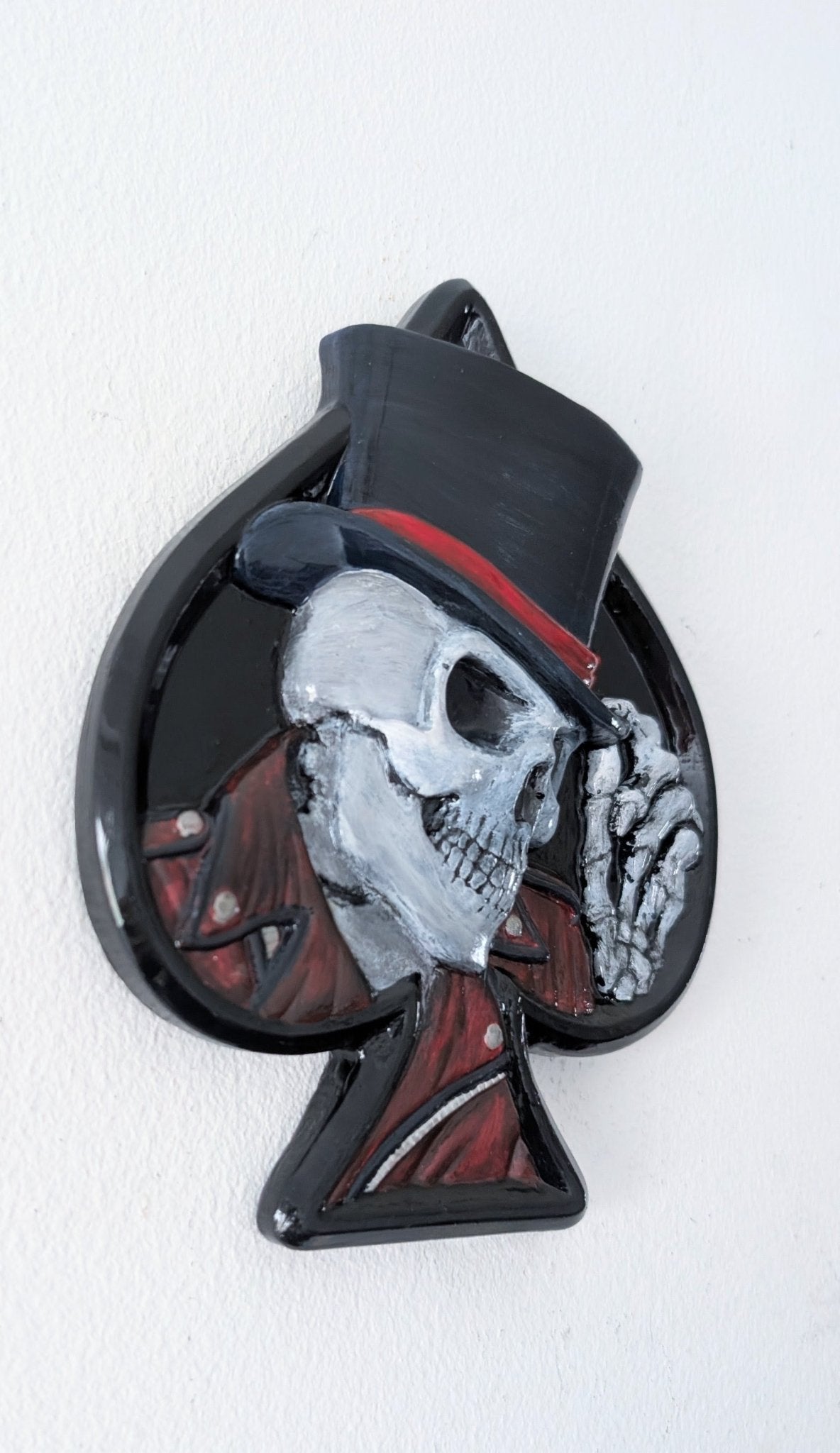 Hand Cast Dapper Deep Blue Top Hat Wearing Skeleton Skull Ace Of Spades Wall Hanging Plaque - Oh My Gothness