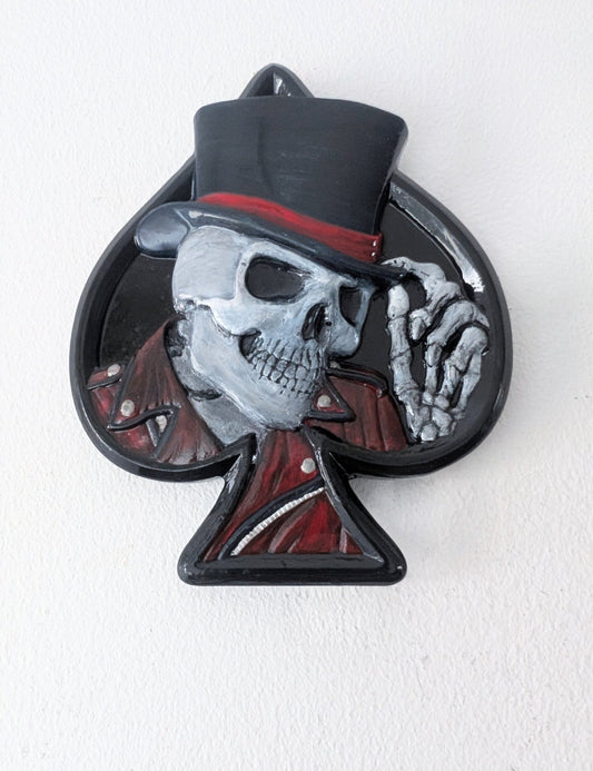 Hand Cast Dapper Deep Blue Top Hat Wearing Skeleton Skull Ace Of Spades Wall Hanging Plaque - Oh My Gothness