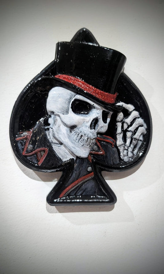 Hand Cast Dapper Top Hat Wearing Skeleton Skull Ace Of Spades Wall Hanging Plaque - Oh My Gothness