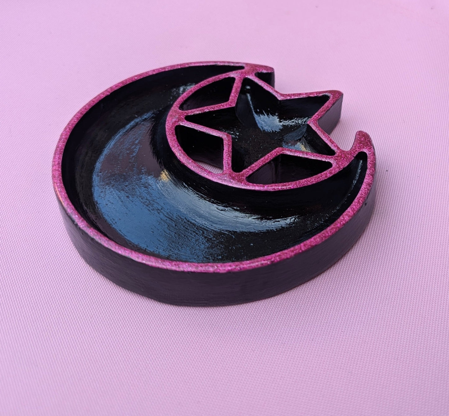 Hand cast moon and stars Jewellery Trinket Dish in black and glittery hot Pink. Gothic Home Decor Gift - Oh My Gothness