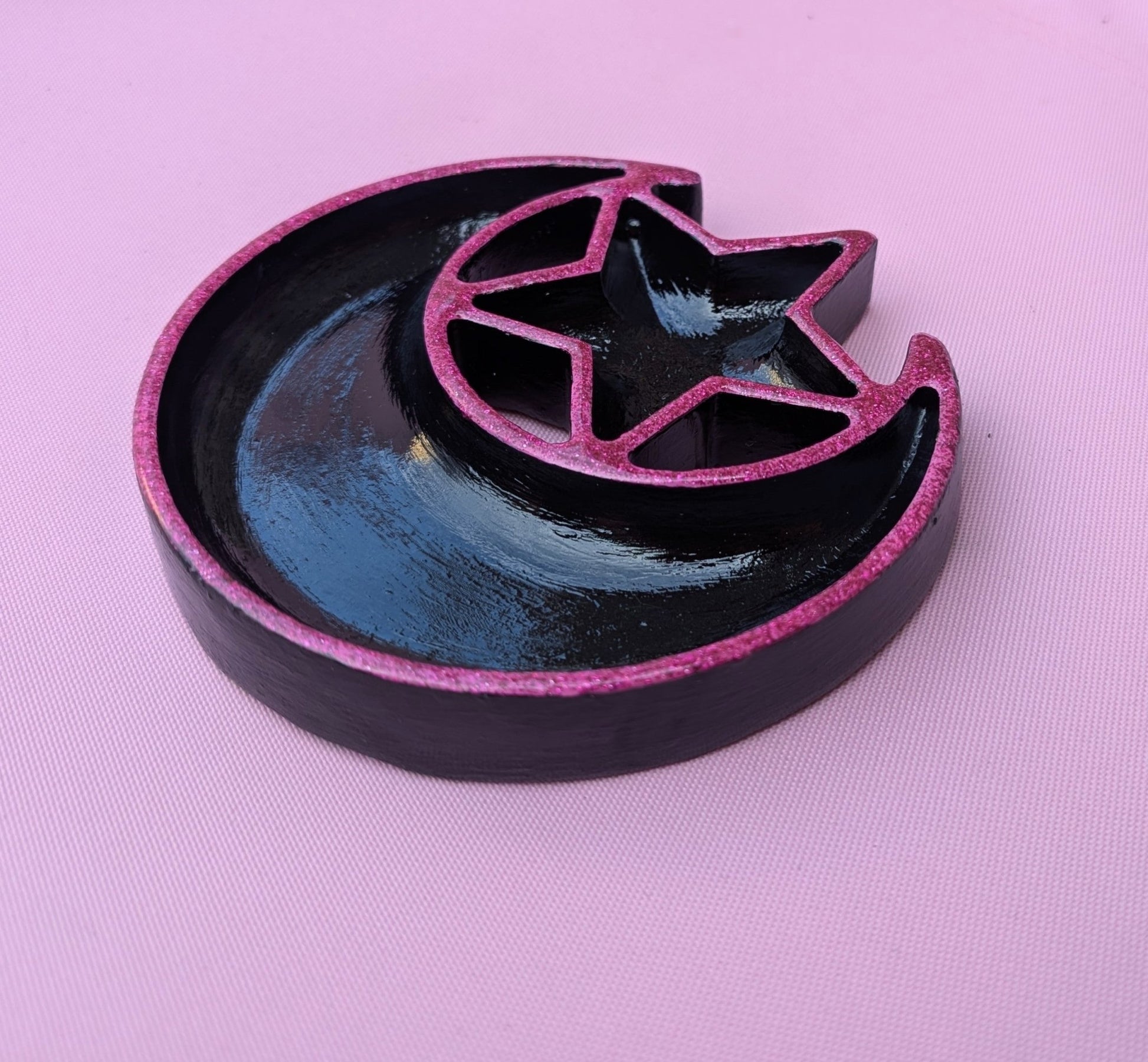 Hand cast moon and stars Jewellery Trinket Dish in black and glittery hot Pink. Gothic Home Decor Gift - Oh My Gothness