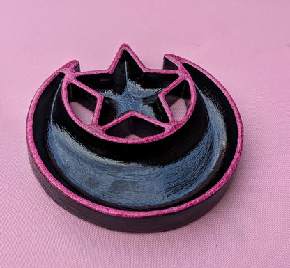 Hand cast moon and stars Jewellery Trinket Dish in black and glittery hot Pink. Gothic Home Decor Gift - Oh My Gothness
