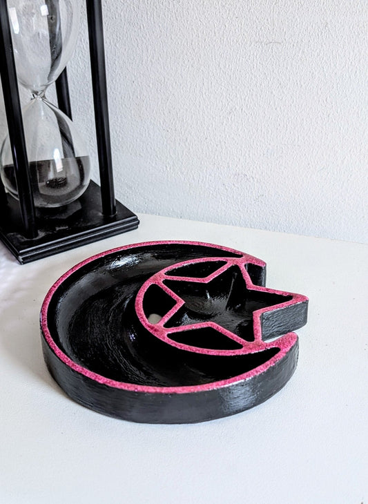 Hand cast moon and stars Jewellery Trinket Dish in black and glittery hot Pink. Gothic Home Decor Gift - Oh My Gothness