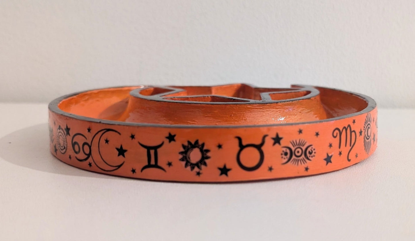 Hand Cast Moon and Stars Trinket in Pumpkin Orange + Black Zodiac Symbols. Jewellery Holder 90s Gothcore Home Decor - Oh My Gothness