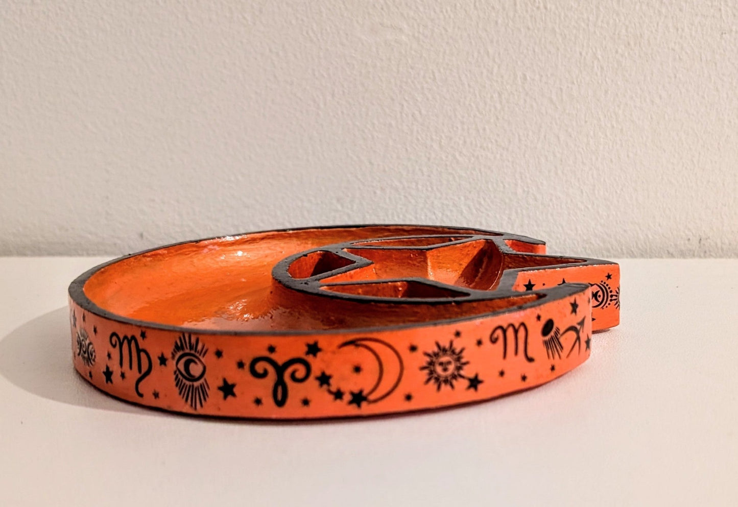 Hand Cast Moon and Stars Trinket in Pumpkin Orange + Black Zodiac Symbols. Jewellery Holder 90s Gothcore Home Decor - Oh My Gothness