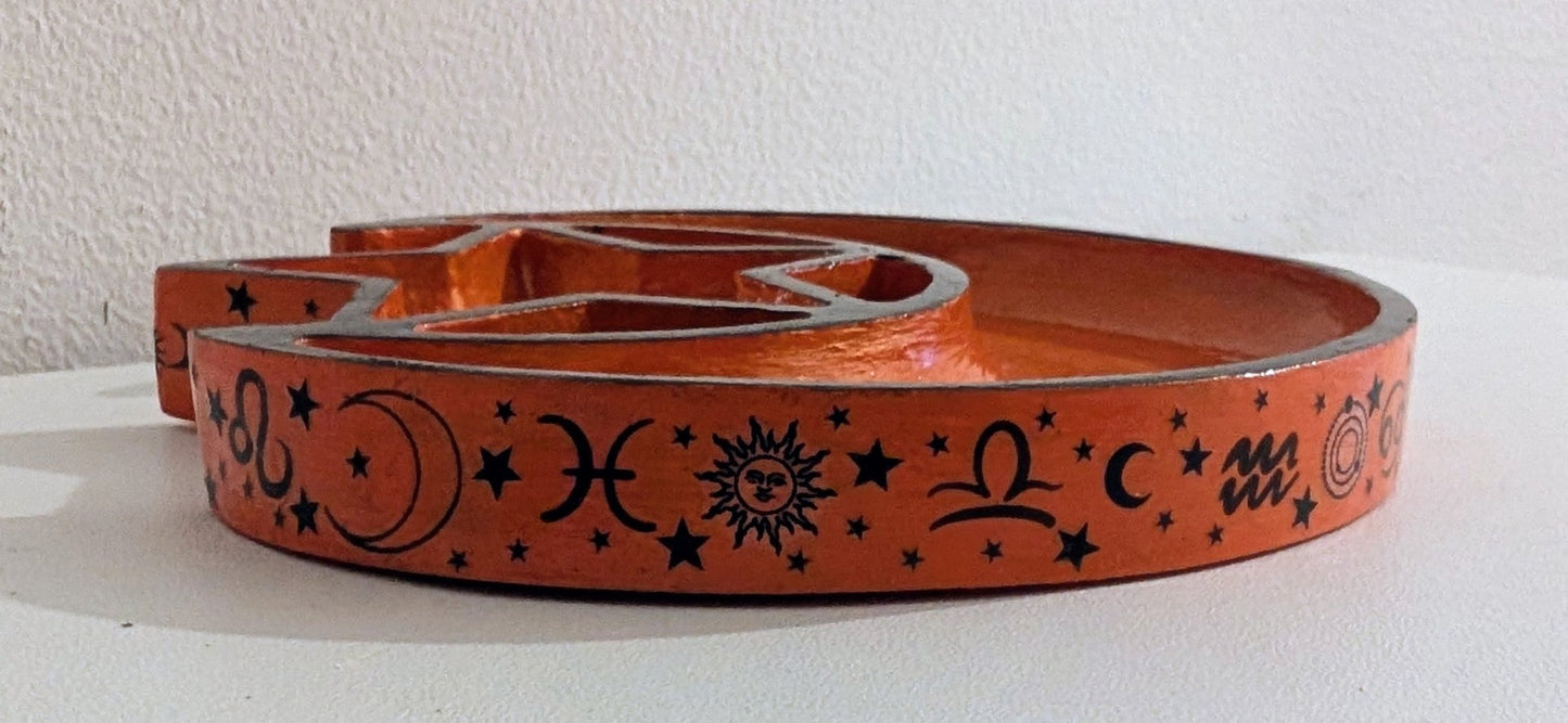 Hand Cast Moon and Stars Trinket in Pumpkin Orange + Black Zodiac Symbols. Jewellery Holder 90s Gothcore Home Decor - Oh My Gothness