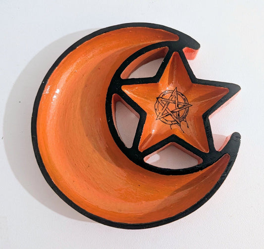 Hand Cast Moon and Stars Trinket in Pumpkin Orange + Black Zodiac Symbols. Jewellery Holder 90s Gothcore Home Decor - Oh My Gothness