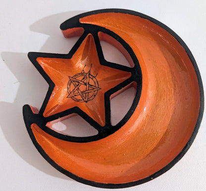 Hand Cast Moon and Stars Trinket in Pumpkin Orange + Black Zodiac Symbols. Jewellery Holder 90s Gothcore Home Decor - Oh My Gothness