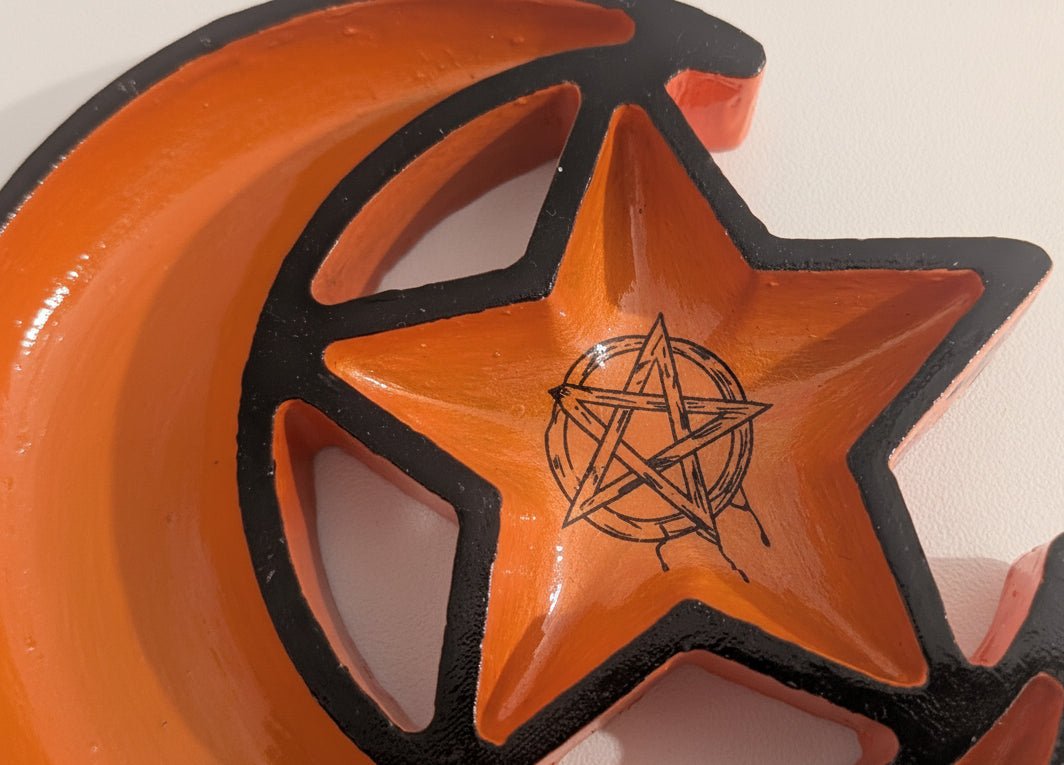 Hand Cast Moon and Stars Trinket in Pumpkin Orange + Black Zodiac Symbols. Jewellery Holder 90s Gothcore Home Decor - Oh My Gothness