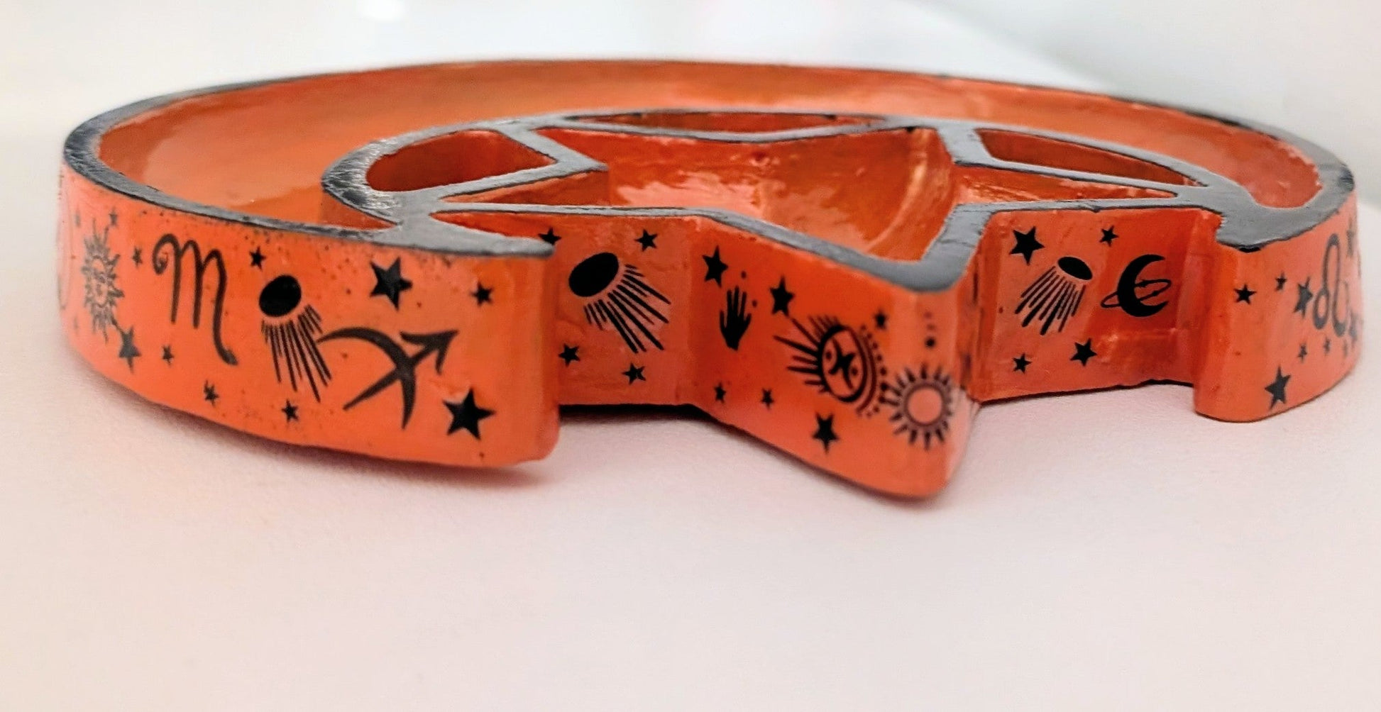 Hand Cast Moon and Stars Trinket in Pumpkin Orange + Black Zodiac Symbols. Jewellery Holder 90s Gothcore Home Decor - Oh My Gothness