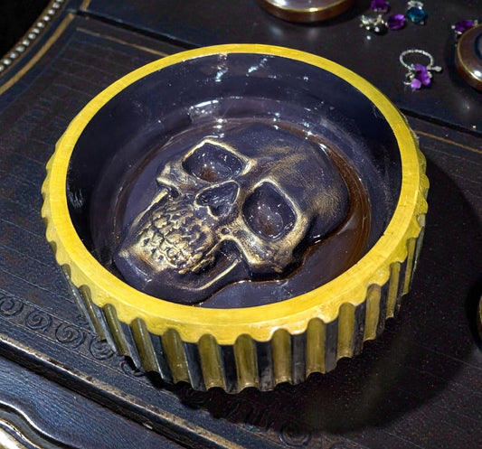 Hand cast + painted gold + purple chunky skull round jewellery trinket ring dish gothic horror gift. Dressing table home decor accent - Oh My Gothness