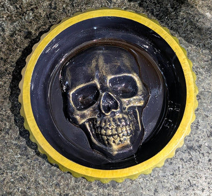 Hand cast + painted gold + purple chunky skull round jewellery trinket ring dish gothic horror gift. Dressing table home decor accent - Oh My Gothness