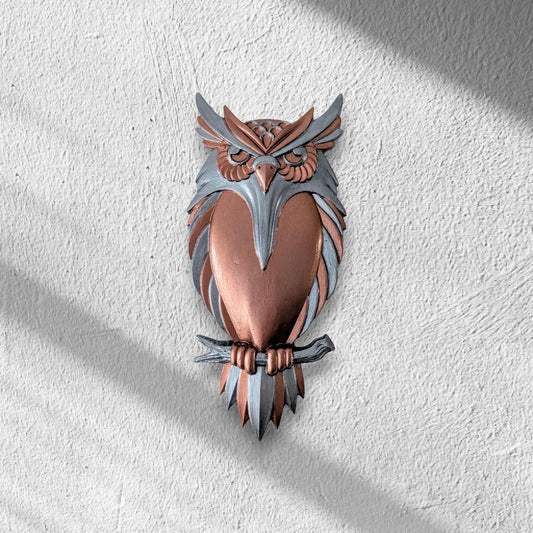 Hand cast + painted industrial style wise old steampunk Owl hanging wall plaque Gold + silver forest woodland creature home decor gift bird - Oh My Gothness