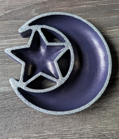 Hand Cast Purple Crescent Moon Star Ring Dish, Celestial Decor - Oh My Gothness