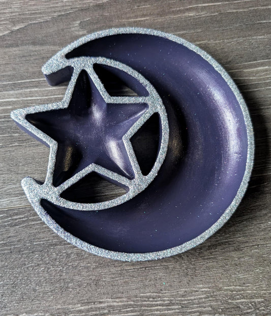 Hand Cast Purple Crescent Moon Star Ring Dish, Celestial Decor - Oh My Gothness