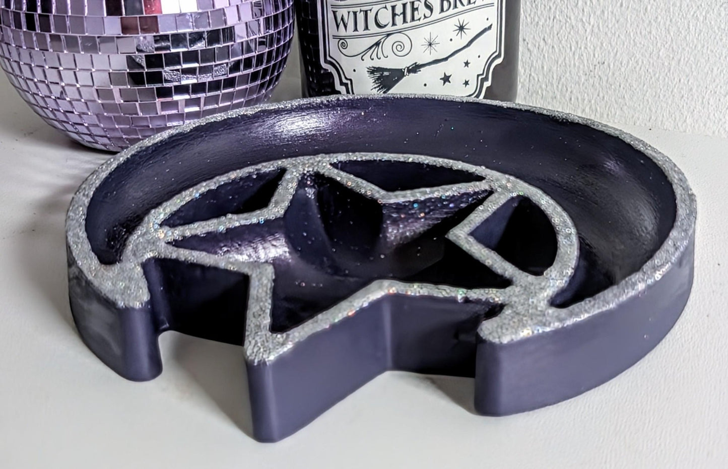 Hand Cast Purple Crescent Moon Star Ring Dish, Celestial Decor - Oh My Gothness