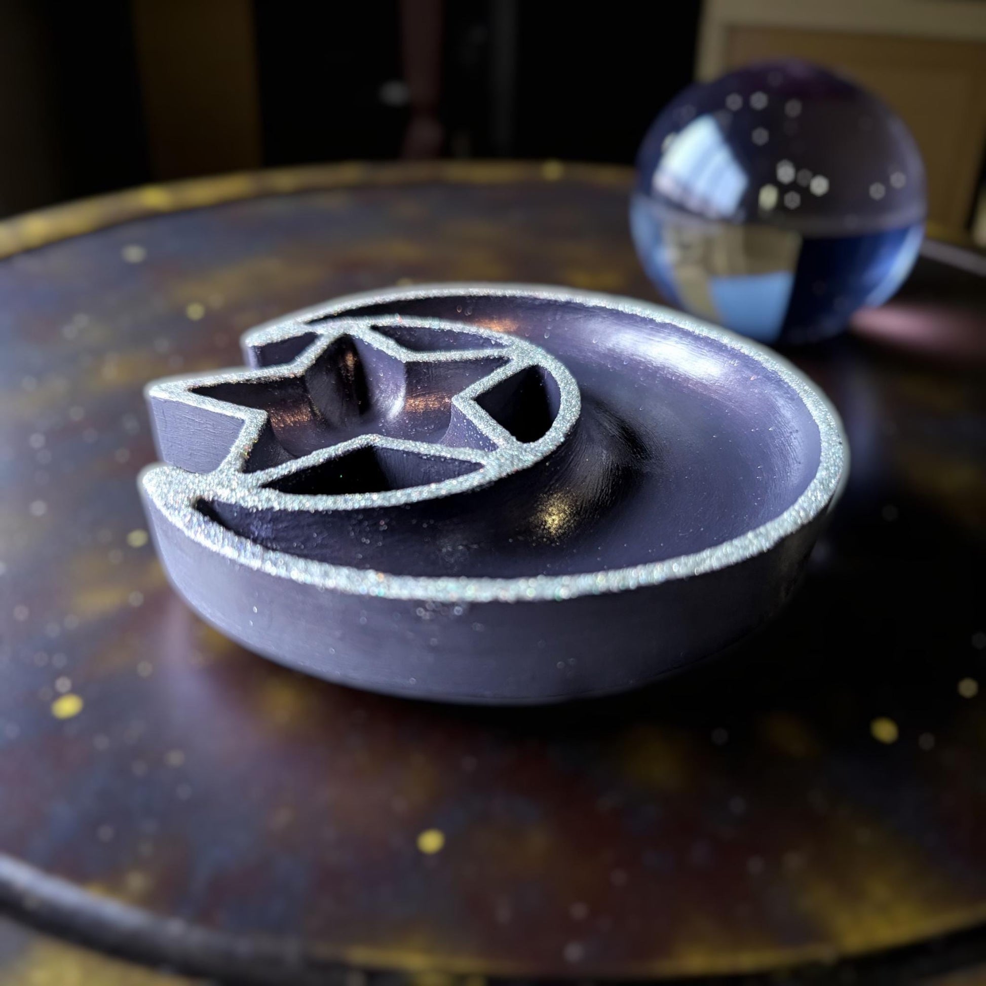 Hand Cast Purple Crescent Moon Star Ring Dish, Celestial Decor - Oh My Gothness