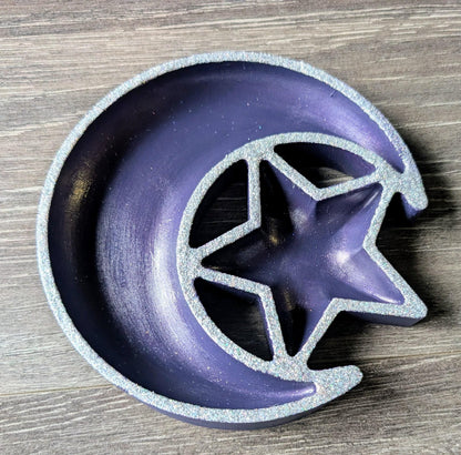 Hand Cast Purple Crescent Moon Star Ring Dish, Celestial Decor - Oh My Gothness