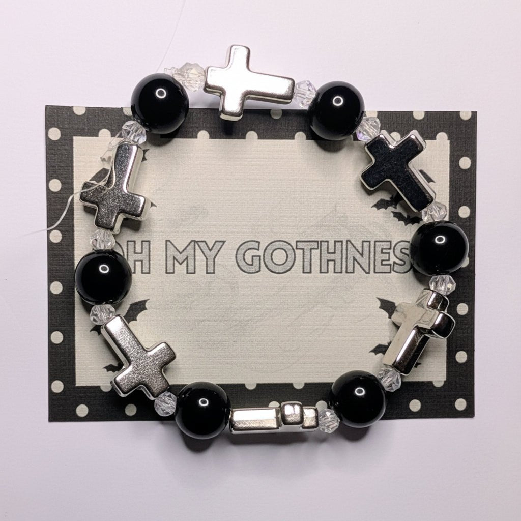 Hand Made Beaded Stretch Bracelet with Crosses. Cute Hand Made Gothic Emo Gift - Oh My Gothness