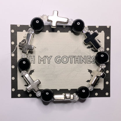 Hand Made Beaded Stretch Bracelet with Crosses. Cute Hand Made Gothic Emo Gift - Oh My Gothness
