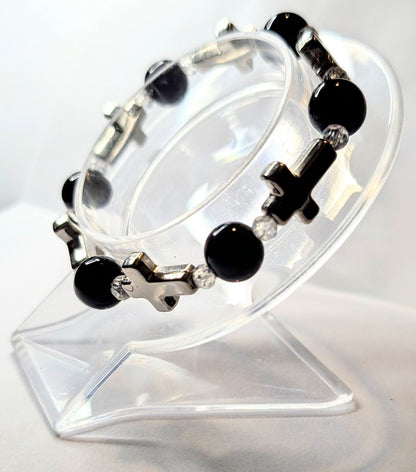 Hand Made Beaded Stretch Bracelet with Crosses. Cute Hand Made Gothic Emo Gift - Oh My Gothness