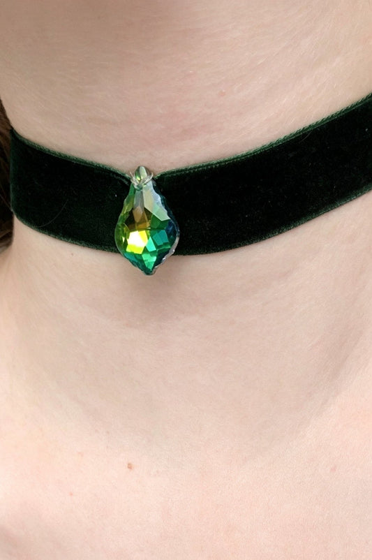 Hand Made Bottle Green Velvet Choker, with Drop Crystal Pendant. Victorian Gothic Gift - Oh My Gothness