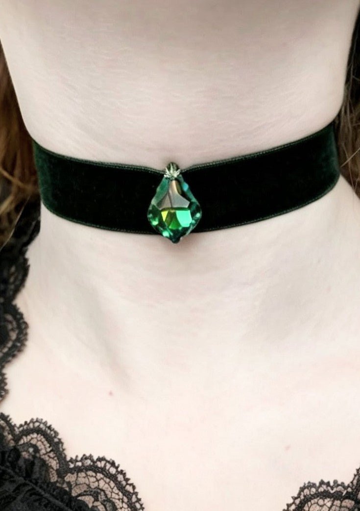 Hand Made Bottle Green Velvet Choker, with Drop Crystal Pendant. Victorian Gothic Gift - Oh My Gothness