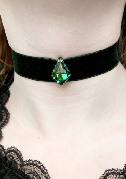 Hand Made Bottle Green Velvet Choker, with Drop Crystal Pendant. Victorian Gothic Gift - Oh My Gothness
