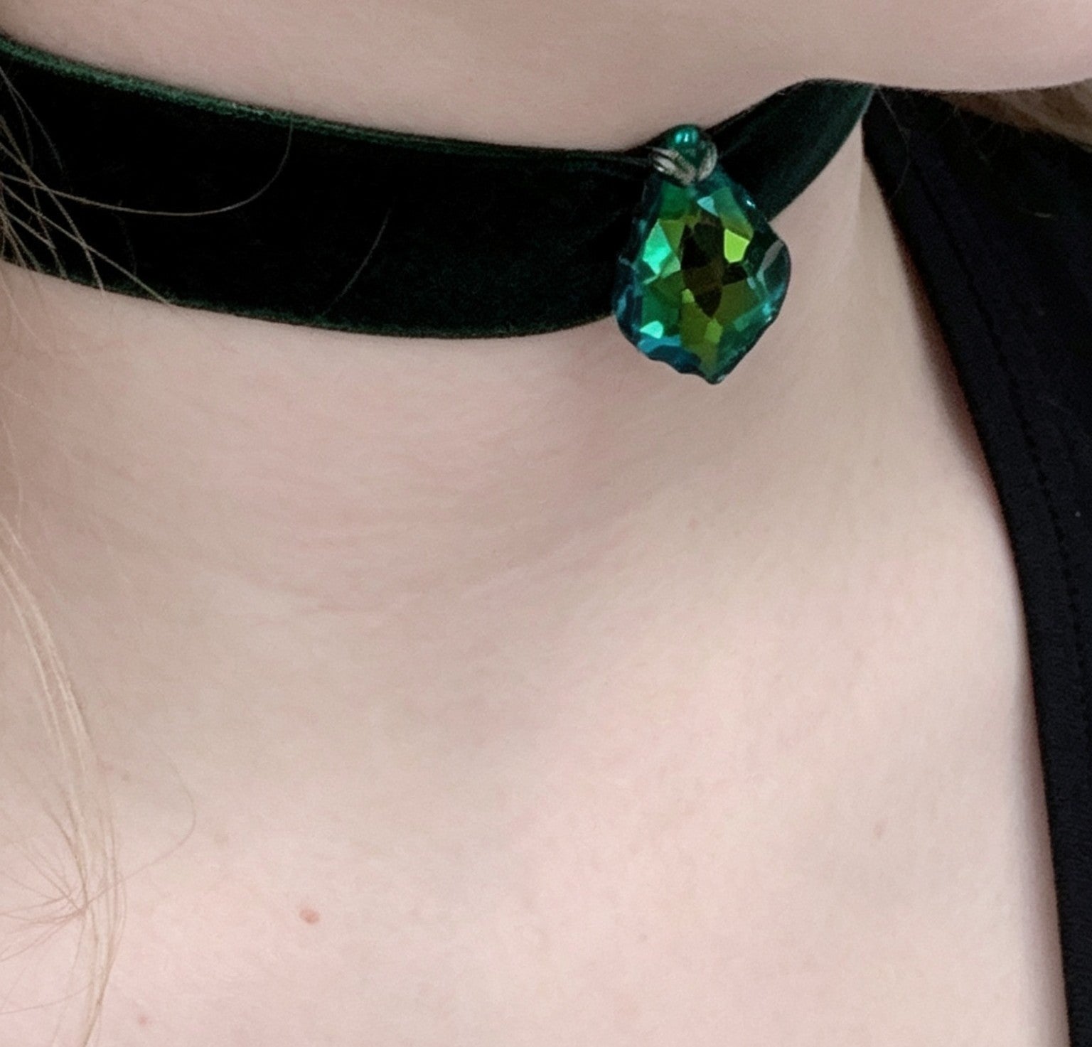 Hand Made Bottle Green Velvet Choker, with Drop Crystal Pendant. Victorian Gothic Gift - Oh My Gothness