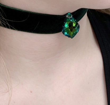 Hand Made Bottle Green Velvet Choker, with Drop Crystal Pendant. Victorian Gothic Gift - Oh My Gothness