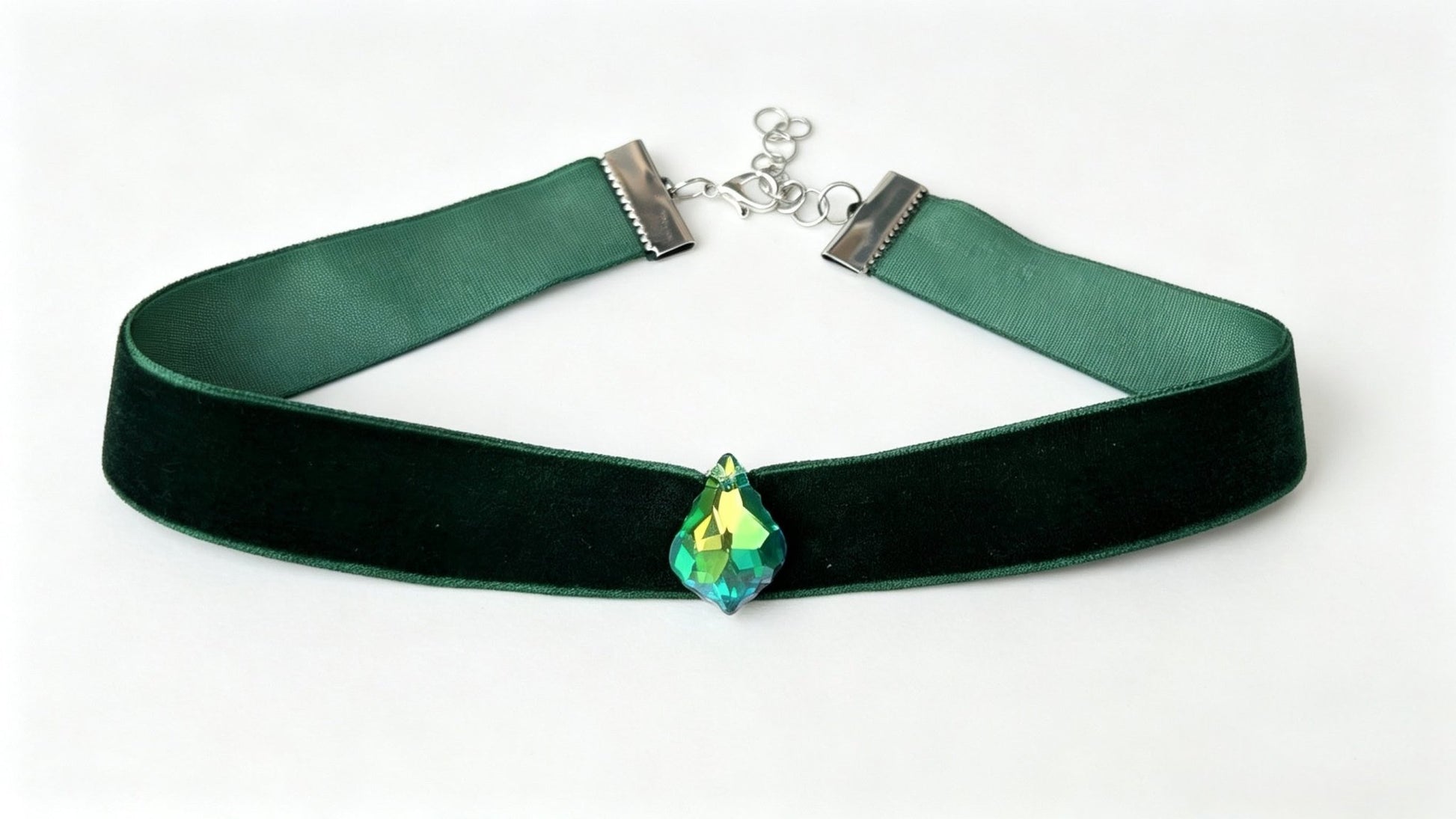 Hand Made Bottle Green Velvet Choker, with Drop Crystal Pendant. Victorian Gothic Gift - Oh My Gothness
