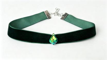 Hand Made Bottle Green Velvet Choker, with Drop Crystal Pendant. Victorian Gothic Gift - Oh My Gothness