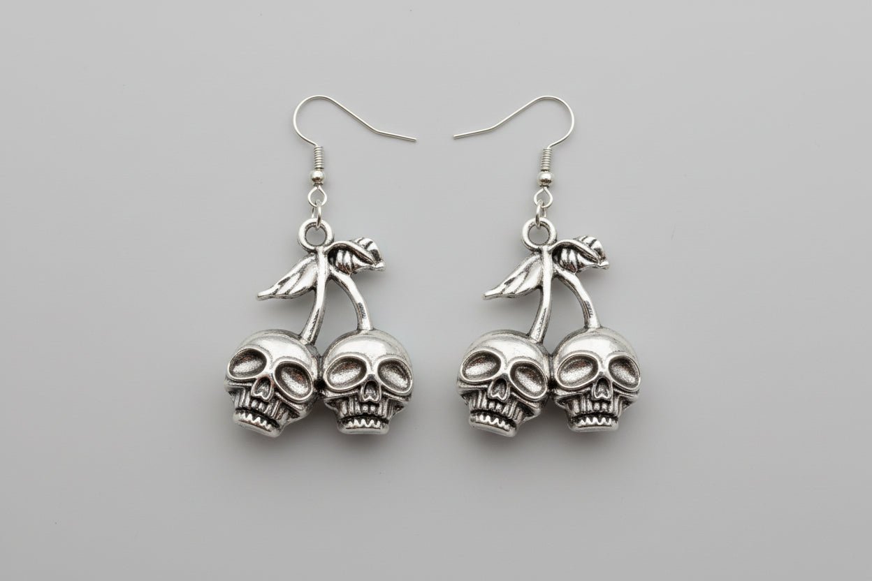 Hand Made Cherry Skull Drop Dangle Earrings in Silver Tone Metal. Gothic Punk Teen Earrings Gift - Oh My Gothness