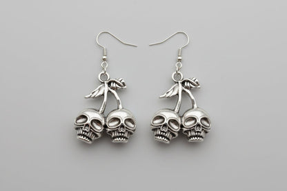 Hand Made Cherry Skull Drop Dangle Earrings in Silver Tone Metal. Gothic Punk Teen Earrings Gift - Oh My Gothness