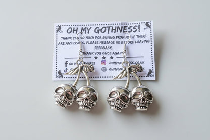 Hand Made Cherry Skull Drop Dangle Earrings in Silver Tone Metal. Gothic Punk Teen Earrings Gift - Oh My Gothness