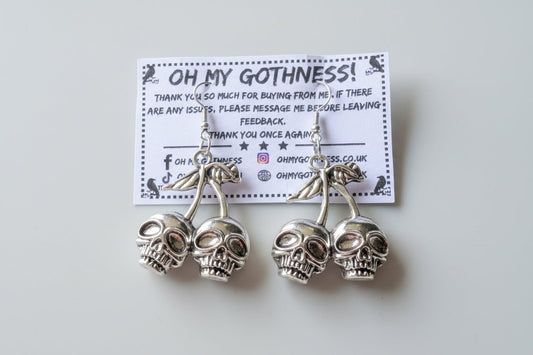 Hand Made Cherry Skull Drop Dangle Earrings in Silver Tone Metal. Gothic Punk Teen Earrings Gift - Oh My Gothness