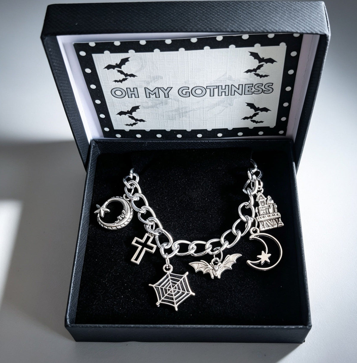 Hand Made Chunky Silver Tone Metal Chain Goth Charm Bracelet. Bat, Moon, Cross. Boxed Gift - Oh My Gothness