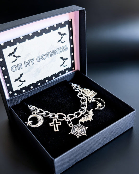 Hand Made Chunky Silver Tone Metal Chain Goth Charm Bracelet. Bat, Moon, Cross. Boxed Gift - Oh My Gothness