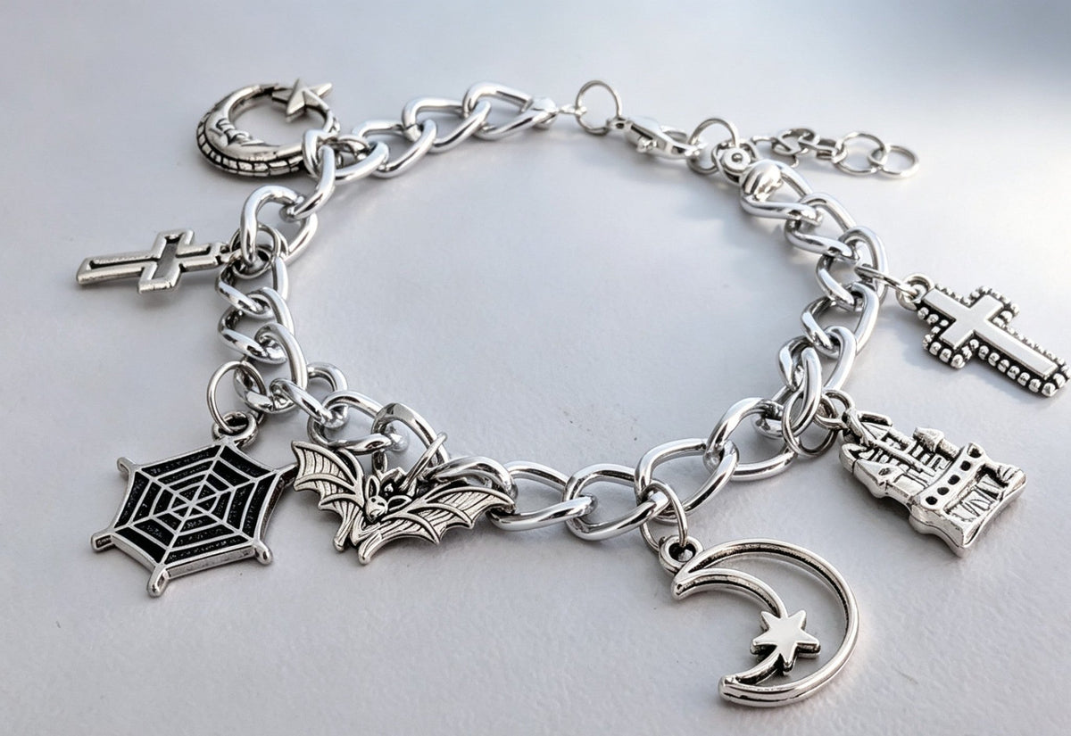 Hand Made Chunky Silver Tone Metal Chain Goth Charm Bracelet. Bat, Moon, Cross. Boxed Gift - Oh My Gothness
