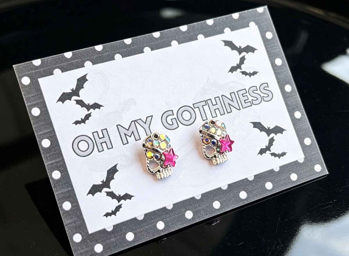 Hand made diamante skull stud earrings. - Oh My Gothness