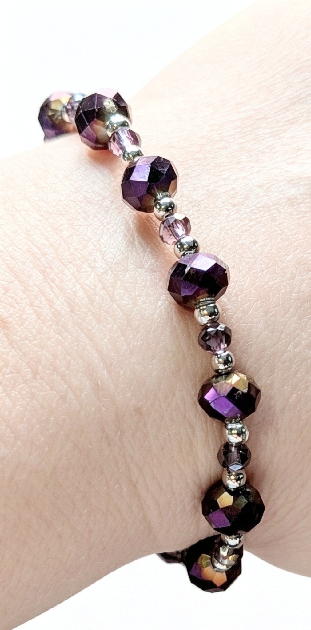 Hand made purple iridescent and silver beaded bracelet. Cute goth gift - Oh My Gothness