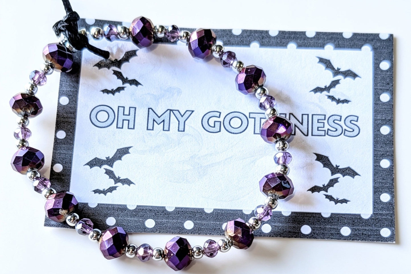 Hand made purple iridescent and silver beaded bracelet. Cute goth gift - Oh My Gothness