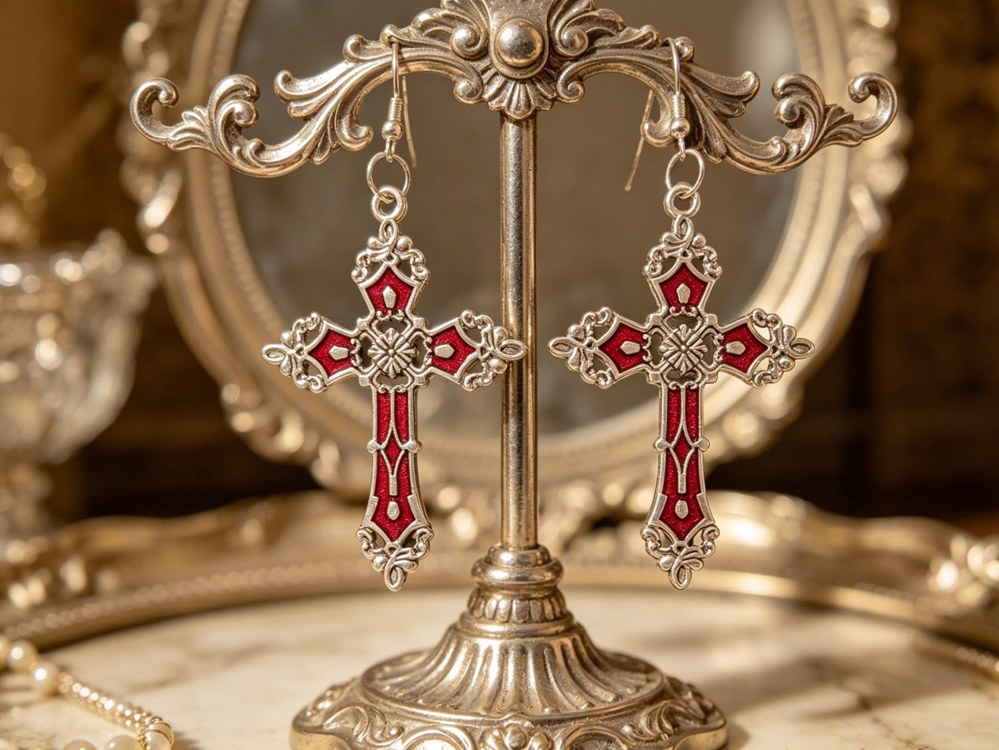 Hand-made red and silver large crucifix drop dangle earrings. Gothic Vampire Gift - Oh My Gothness