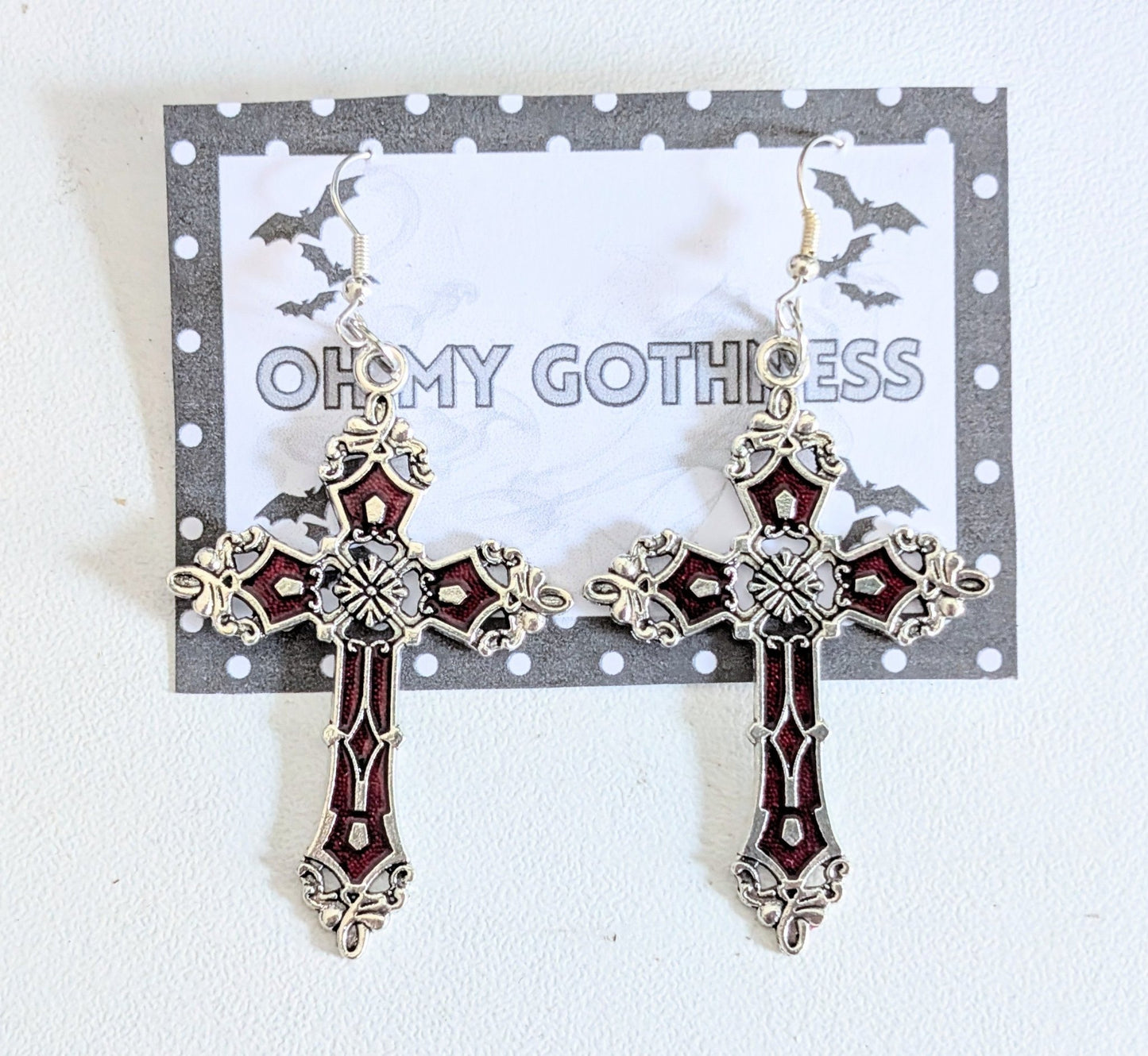 Hand-made red and silver large crucifix drop dangle earrings. Gothic Vampire Gift - Oh My Gothness