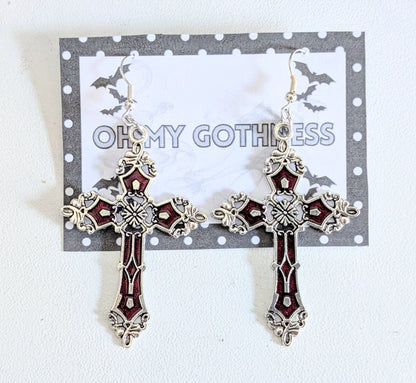 Hand-made red and silver large crucifix drop dangle earrings. Gothic Vampire Gift - Oh My Gothness