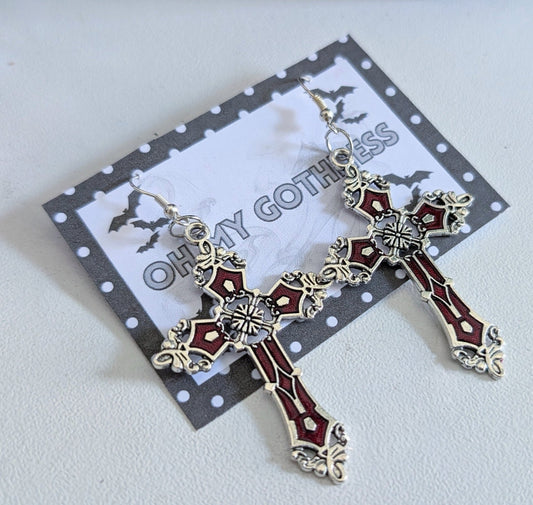 Hand-made red and silver large crucifix drop dangle earrings. Gothic Vampire Gift - Oh My Gothness